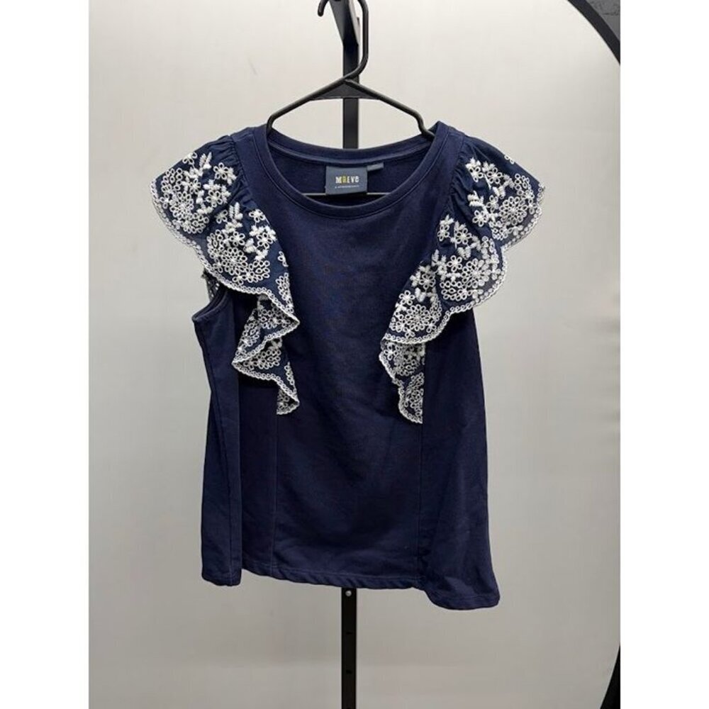 Maeve Anthropologie Navy Blue White Eyelet Lace Butterfly Sleeve Blouse